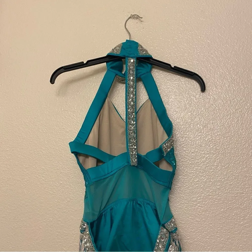 Glamour dance costume teal silver fringe contemporary Broadway embellished SA